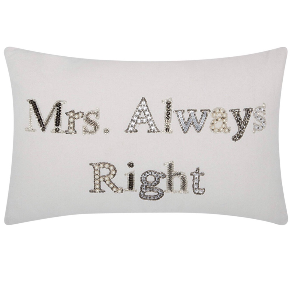 NWT Mrs Always Right Rectangle Accent Pillow White Wedding Newlywed Rhinestone